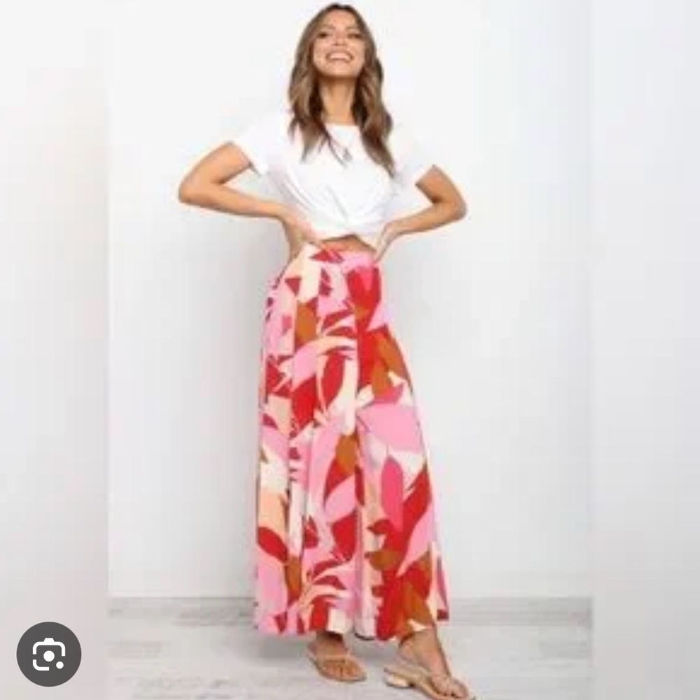Vibrant Pink and Red Abstract wide leg pants